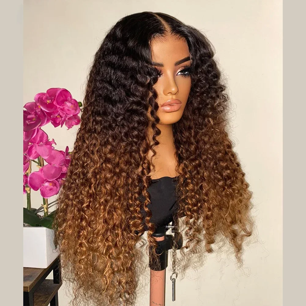 

Soft 26Long Kinky Curly Ombre Brown Blonde 180Density Lace Front Wig For Black Women Babyhair Preplucked Natural Hairline Daily