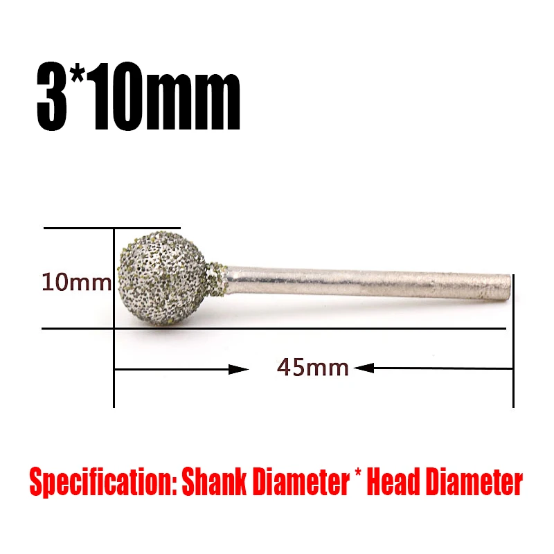 3-10mm 60# Grit Ball Diamond Grinding Head Needle Bits Burrs Engraving Carving Tool 2.35/3mm Shank Grinding Bit Polishing Tool