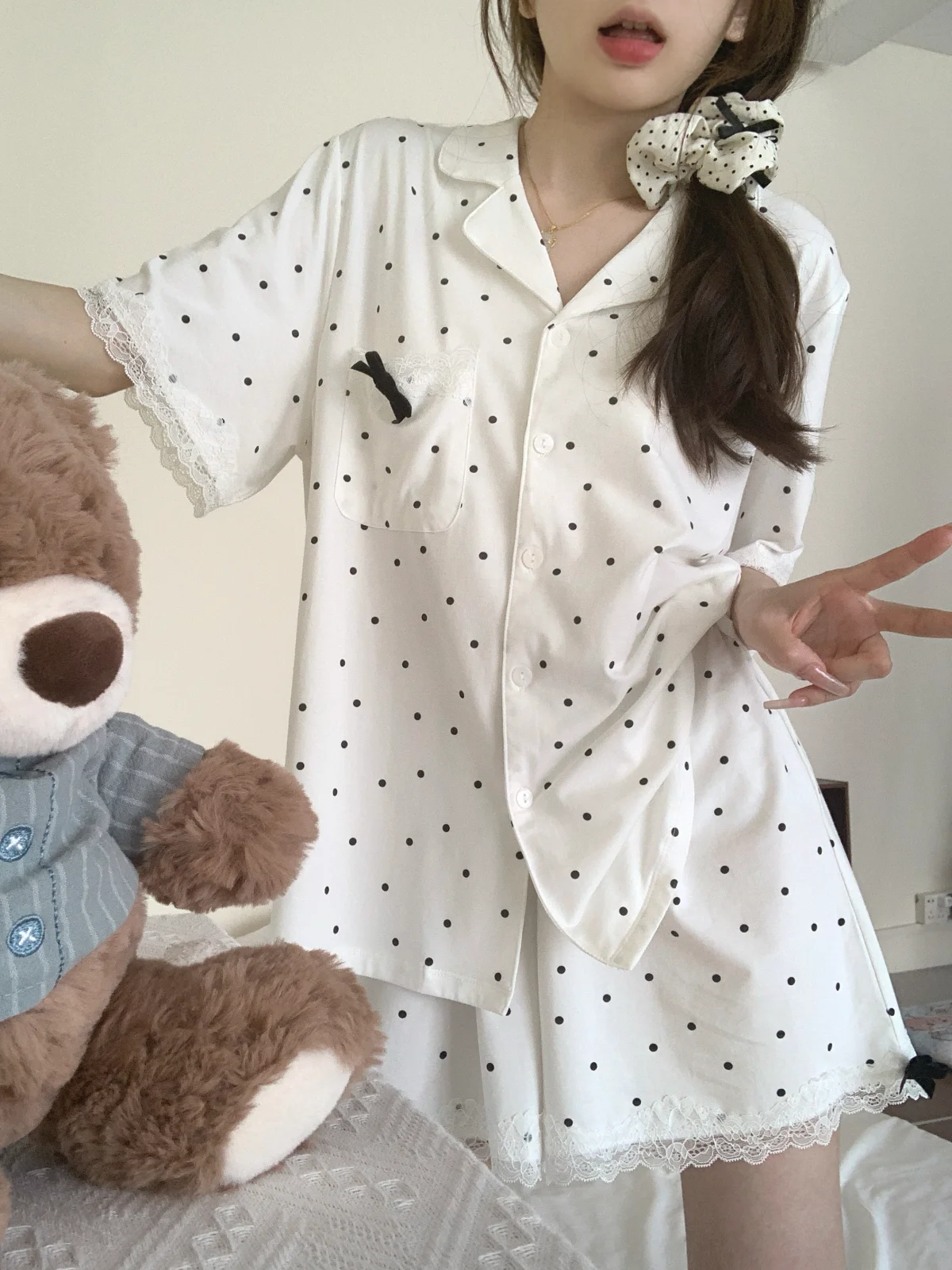 Summer New Japanese Style Girl Bow Simple Polka Dot Short Sleeve Pajamas Sweet Cute Comfortable Ins Home Wear Set