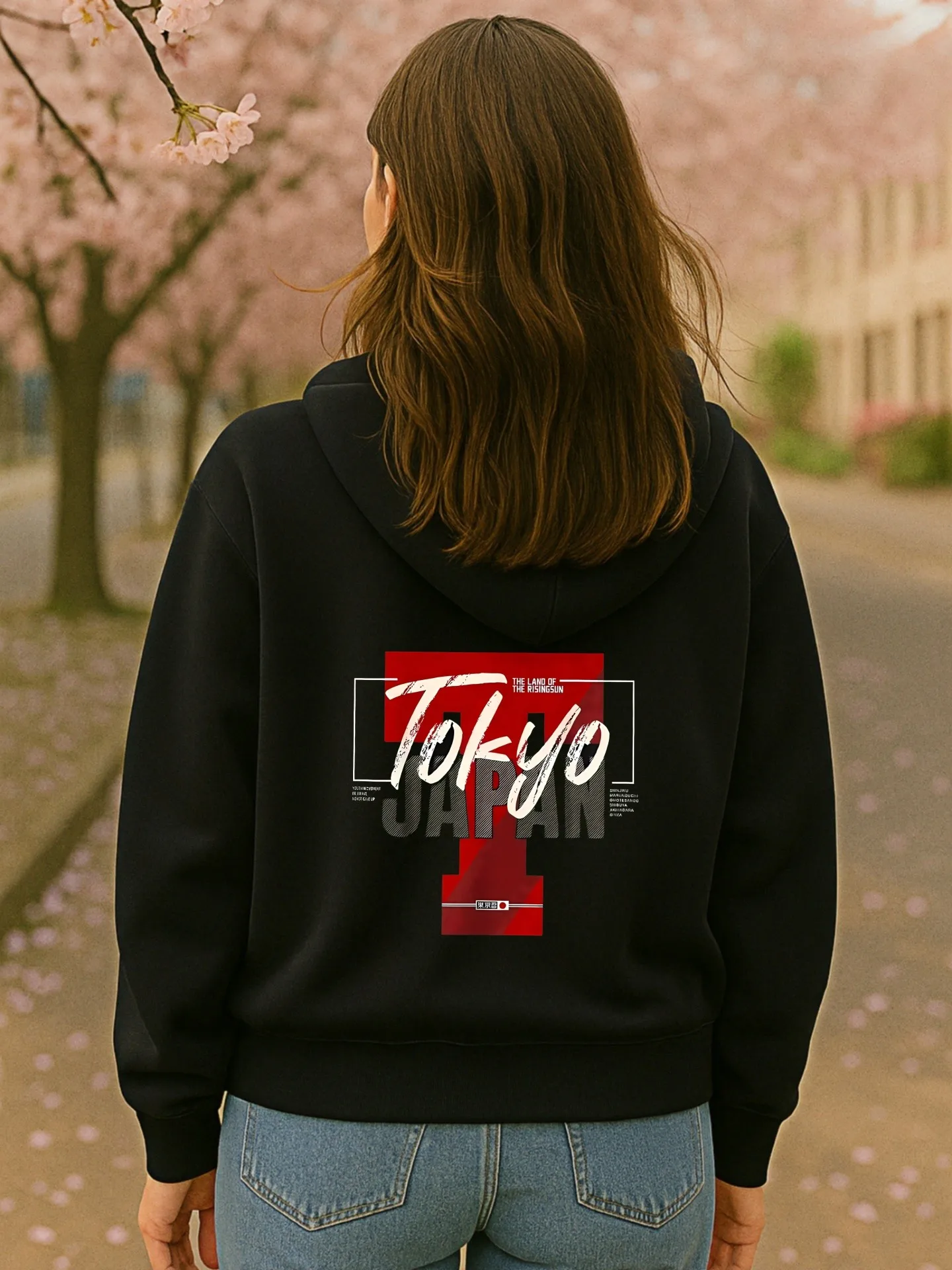 هوديي جرافيك للنساء، طوكيو - طباعة حروف تحت عنوان، نمط ملابس الشارع، صوف - مبطن، ملابس يومية كاجوال، للمراهقين