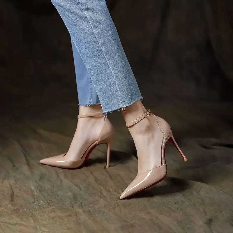 Women\'s Shoes for Office Work One Word Thin Heels Pointed Toe Sexy Leather Black Buckles Summer 2025 Footwear Sandals Woman High