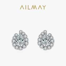 Ailmay Real 925 Sterling Silver Luxury Geometric Dazzling Cz Stud Earrings For Women Girls Fashion Party Accessories Jewelry