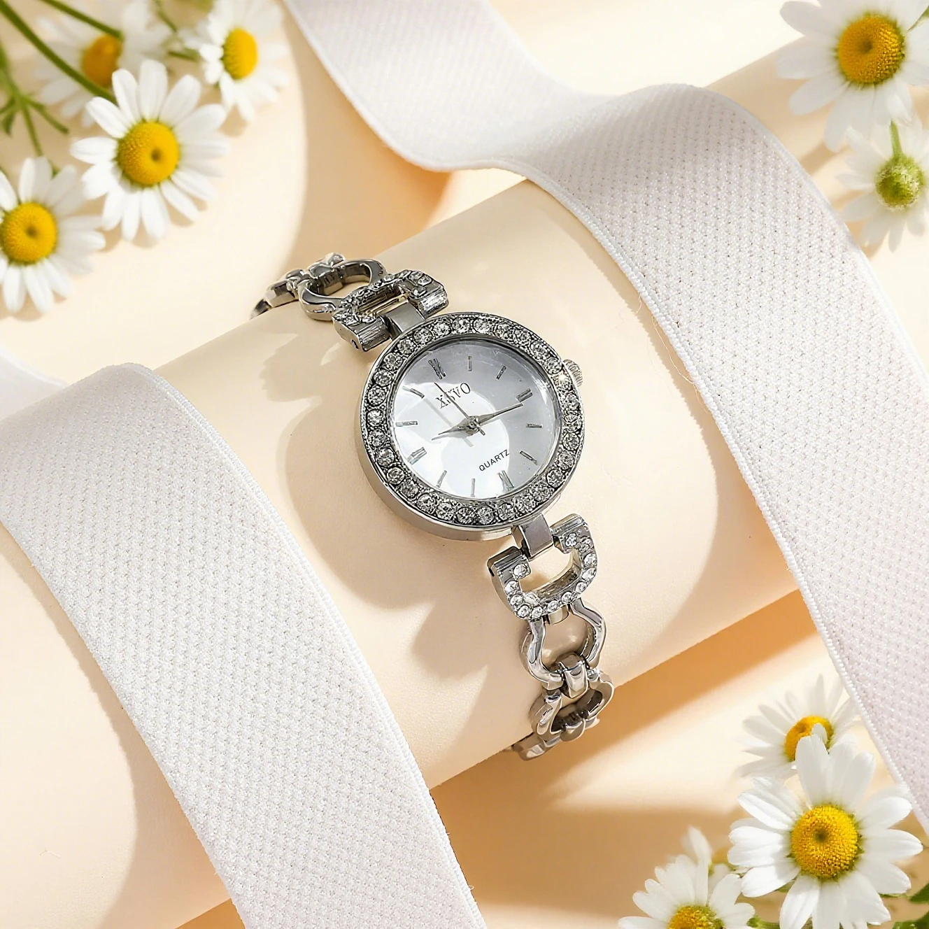 ساعة كوارتز نسائية عصرية صغيرة وخفيفة فاخرة ذات قرص دائري من الماس مجموعة سوار الحب الماسي مكونة من قطعتين، مناسبة لعيد الميلاد #5