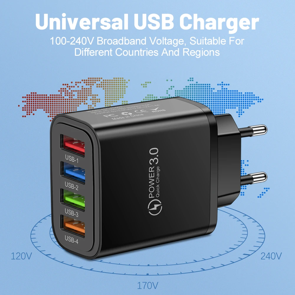 40W 4-Port USB C Charger QC3.0 3.1A Fast Wall Adapter for iPhone 16 Samsung Huawei Xiaomi EU US UK Plug Travel Charging Station
