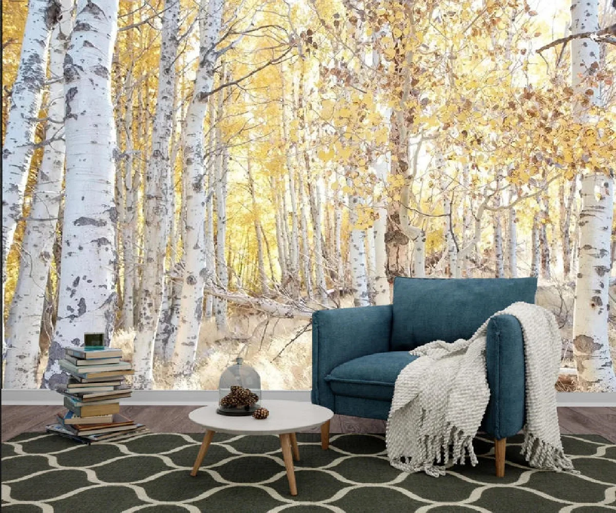 

Custom wallpaper bedroom background wall abstract forest hand-painted White birch tree retro photo oil painting tree wallpaper