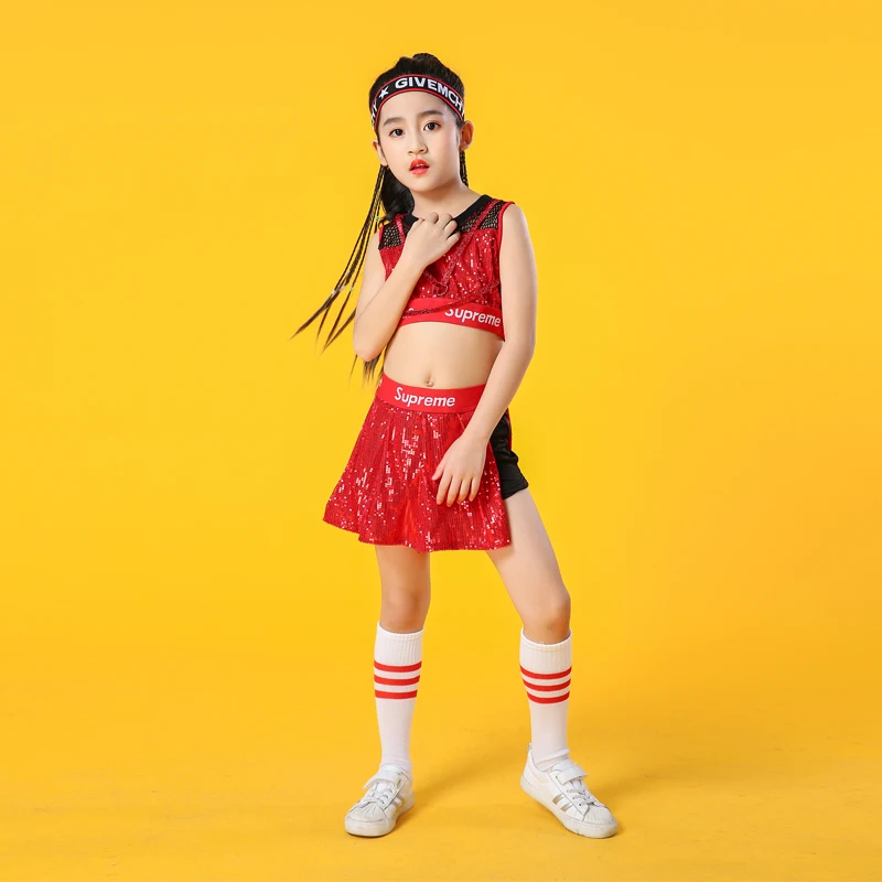 Children Stage Dancewear Kid Hip-Hop Red Hip Hop Jazz Dance Costume Suit Paillette Modern Dress Girl Cheerleading Clothes