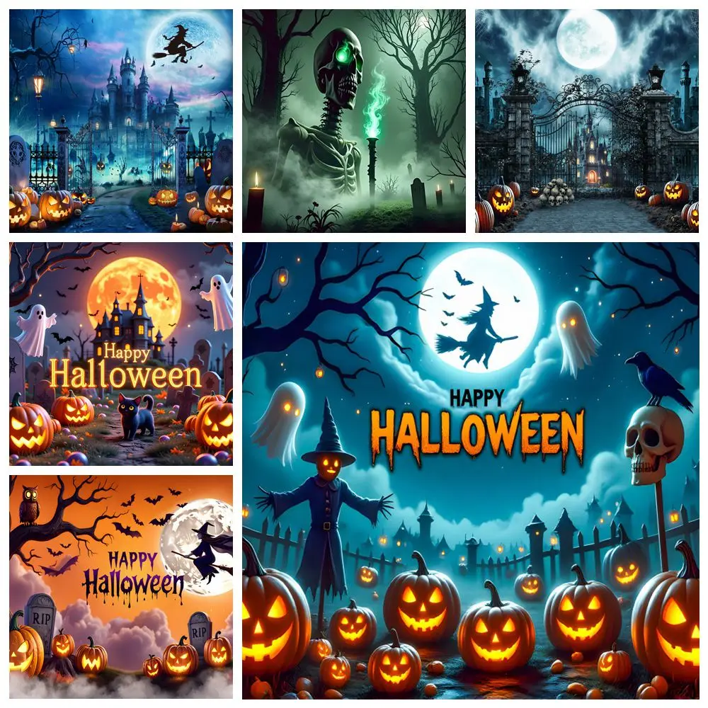 

Horror Halloween Backdrop Scary Moon Night Cemetery Pumpkin Lantern Photography Background Halloween Kids Family Party Decor