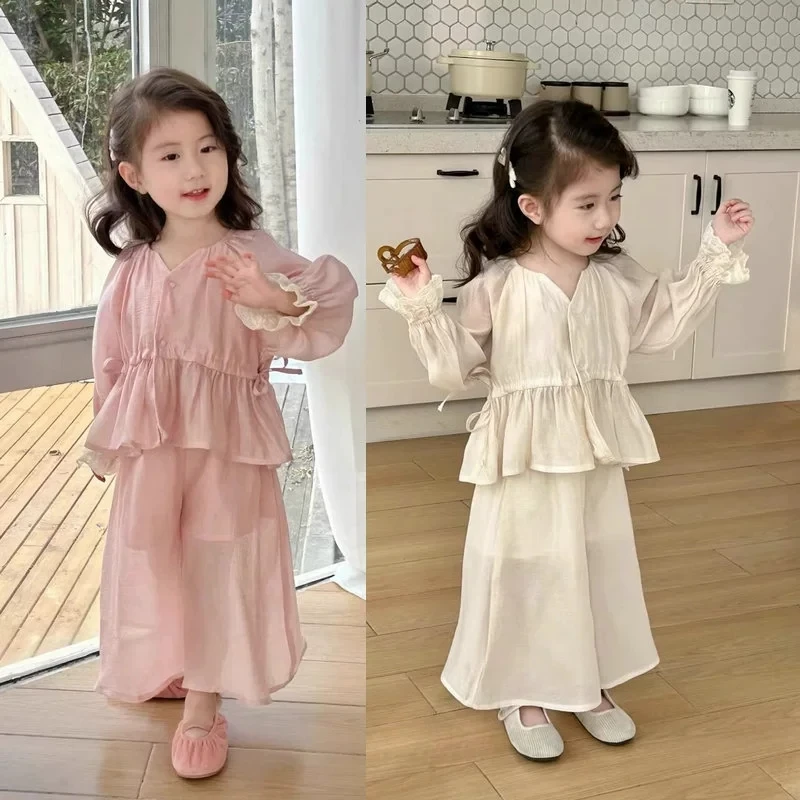 

2026 New Russian Girls Spring and Summer Long Sleeved Lace Top Wide Leg Pants Casual Two-piece Set