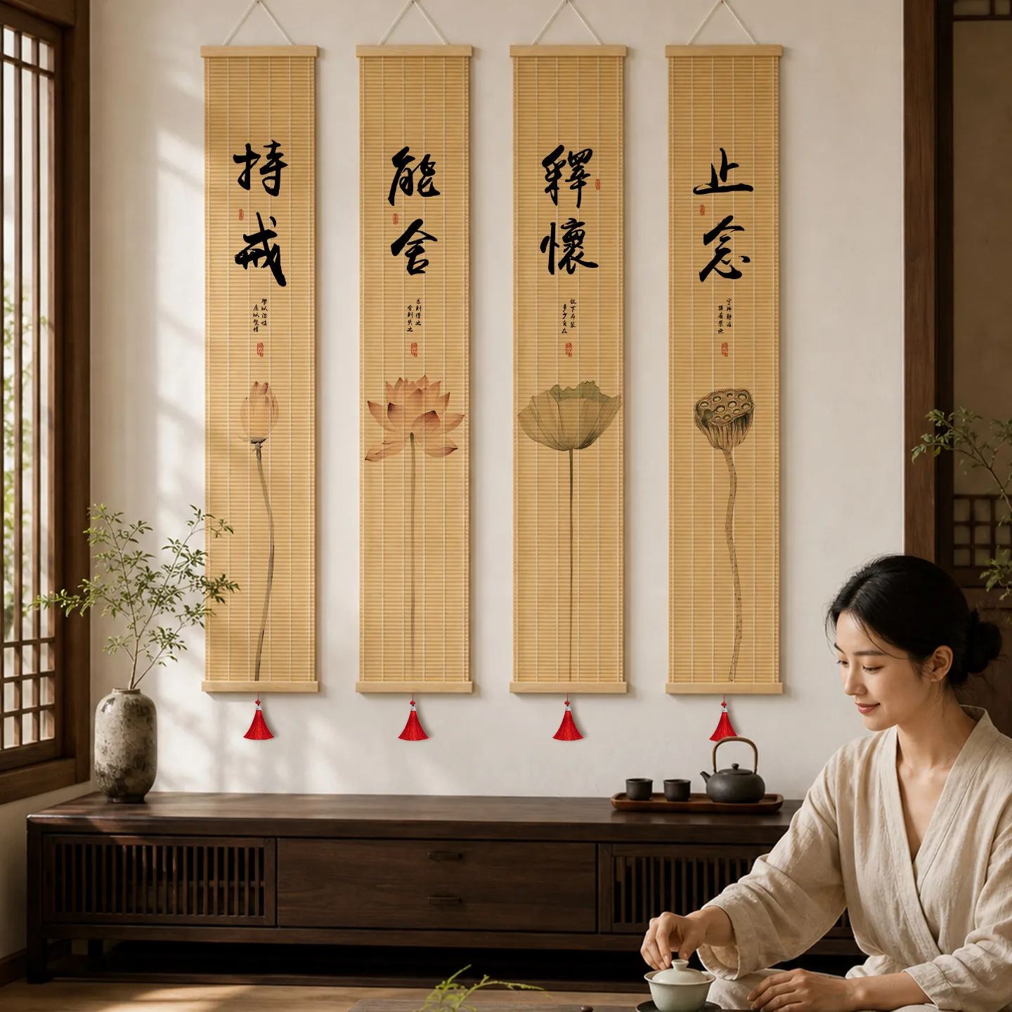 Wall Art Bamboo Hanging Scroll Lotus Heart Sutra Buddhism Buddha Calligraphy Zen Room Prayer Meditation Home Spiritual Decor