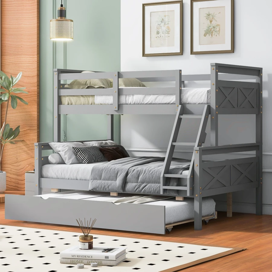 Twin over Full Bunk Bed with Ladder, Twin Size Trundle, Safety Guardrail, Gray Mattress Support