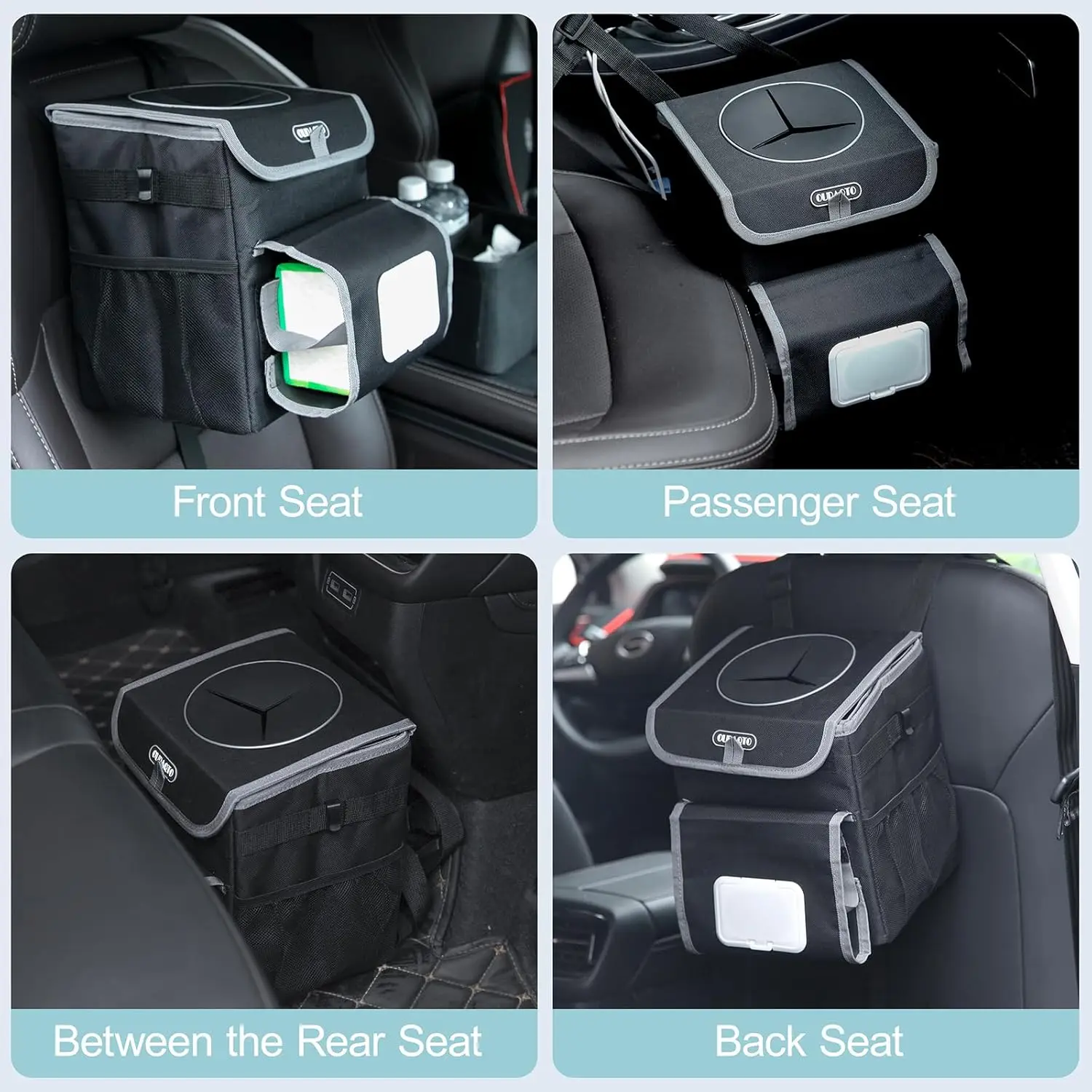 سلة مهملات السيارة مع بطانة مانعة للتسرب وحامل مناديل، 2 جالون، أسود