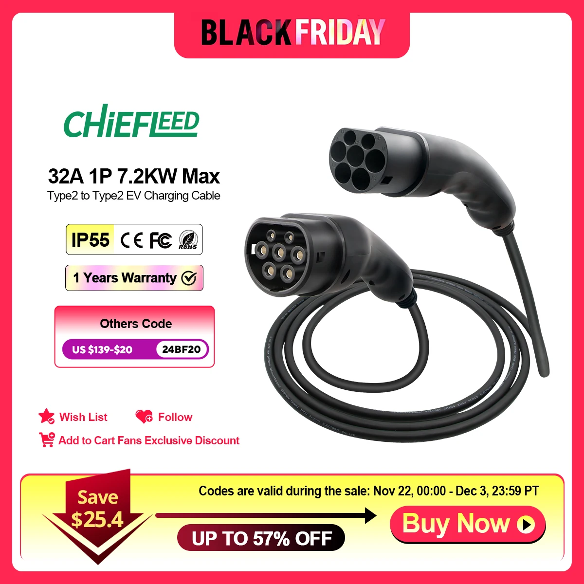 Chiefleed 10m Long EV Charging Cable 32A 7.2KW Type2 to Type2 SAE J1772 Type 1 to Type 2 IEC 62196-2 EV Plug With Extension