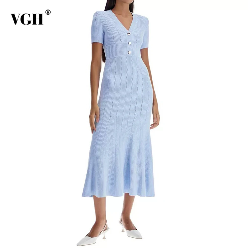 

VGH Slimming Elegant Solid Folds Dresses For Women V Neck Short Sleeve High Waist Temperament Long Dress Female Fashion Style