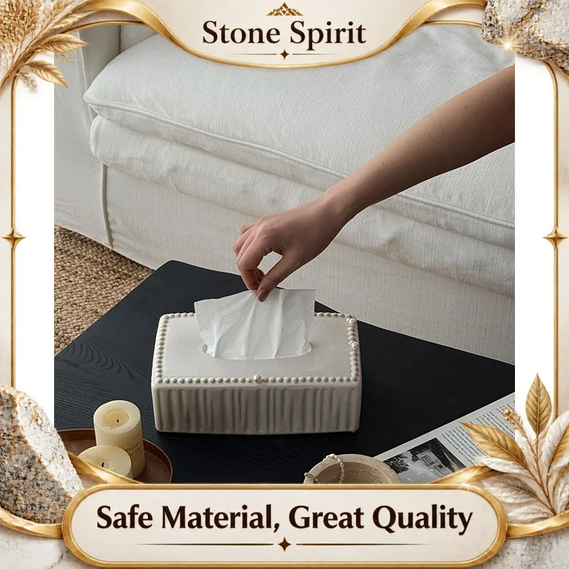 Pearl Inlaid Relief Ceramic Tissue Box,Vintage Decorative Napkin Holder for Living Room,High-End Home Desk Organizer,Unique Gift