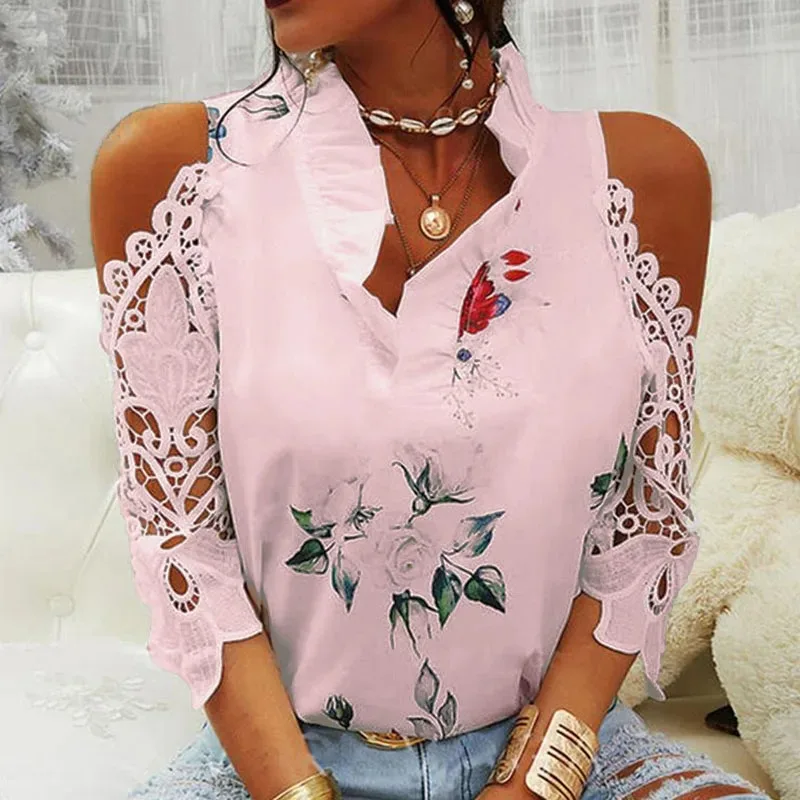 Summer Female Strapless Tops Casual Sexy Hollow Flower Printed Women Blouse Elegant V-Neck Short Sleeve Lace Shirt Blusas 19361