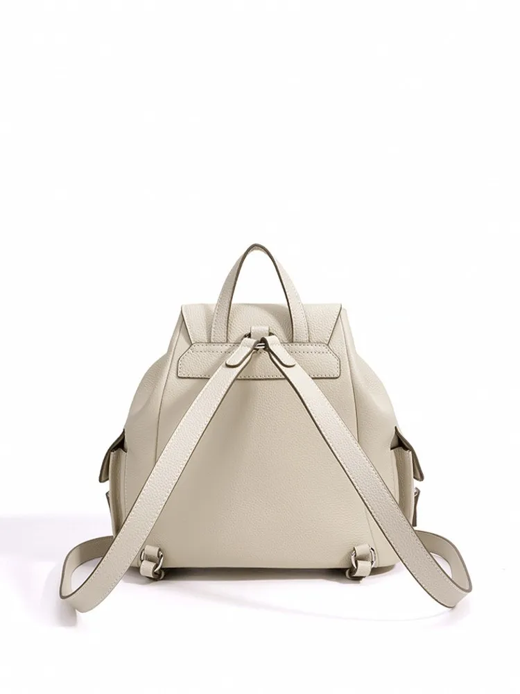Casual Lady Fashion Backpack Double Pocket Genuine Leather Small Bag Solid Color Vintage Drawstring Flap Pocket Female Backpacks