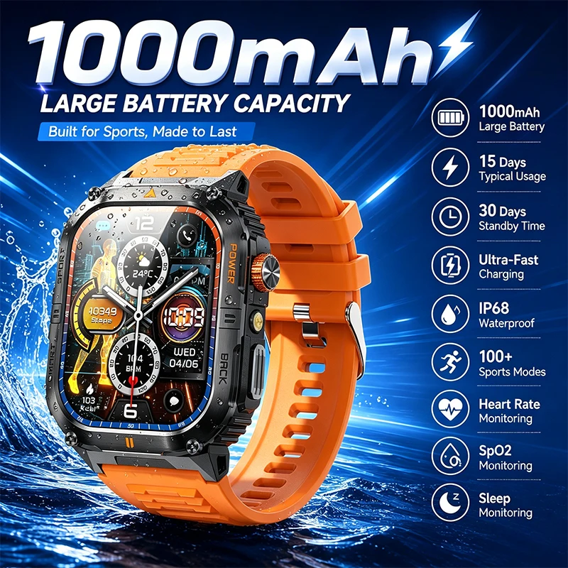 Montre connectée à grand écran HD, batterie de 1000 mAh, lampe de poche, plus de 100 modes sportifs, étanche IP68, notification d'informations, montre connectée