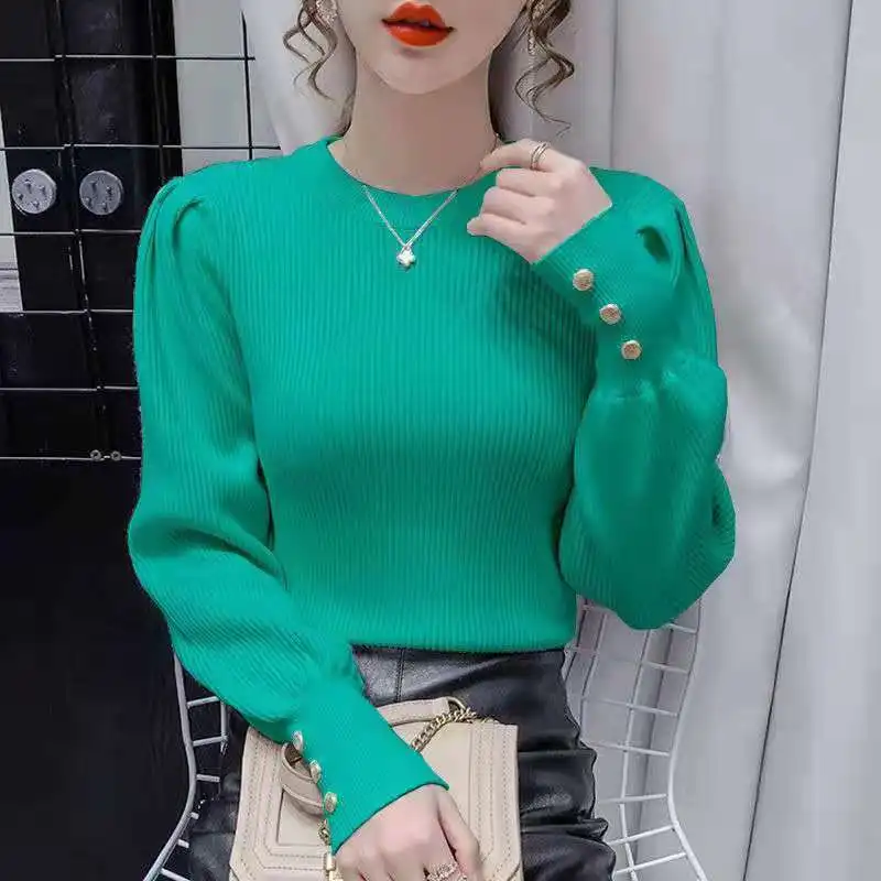 Elegant O-Neck Knitted Button Puff Sleeve Sweaters Women Clothing 2023 Autumn Winter Loose Korean Pullovers Commute Tops