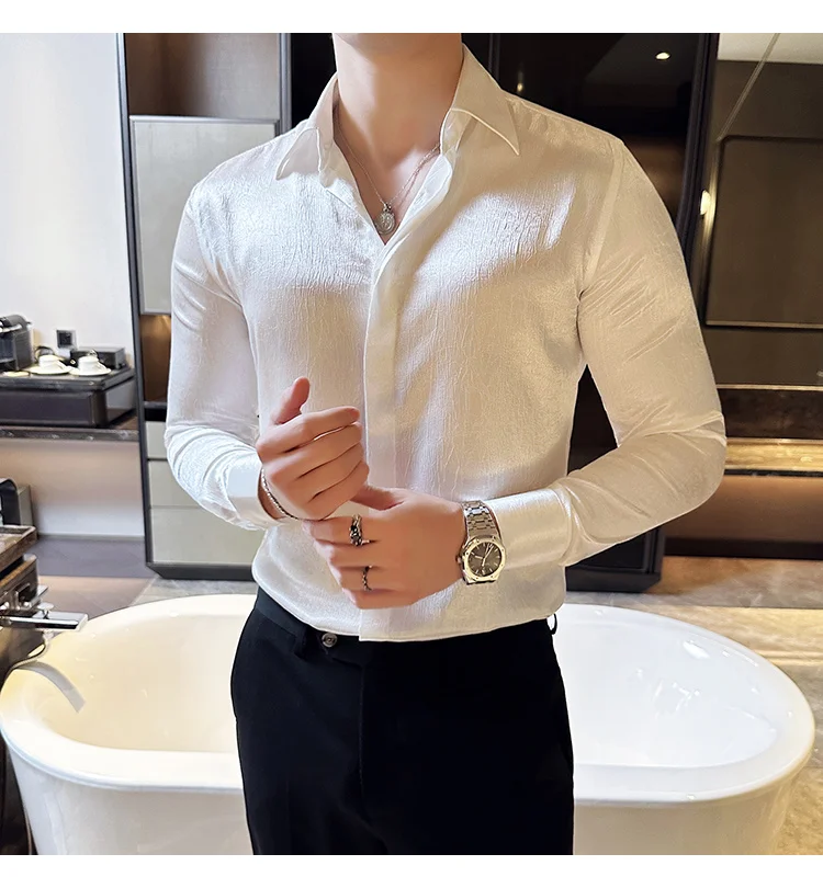 Men Glossy Anti Wrinkle Slim Fit V Neck Social Party Tuxedo Shirt 4XL-M M57