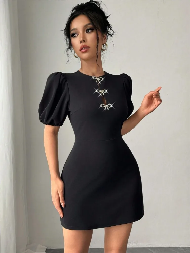 

Women Round Neck Hollow Crystal Bow Puff Sleeve Waist Dress Temperament Elegant Intellect Simple Style Solid Color Short Sleeves