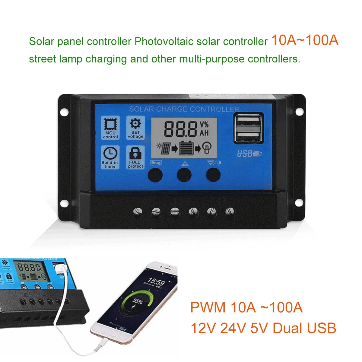 Professional Solar Panel Controller Battery Charge Regulator 2USB 12V/24V 10A~100A Photovoltaic Street Lamp Control System