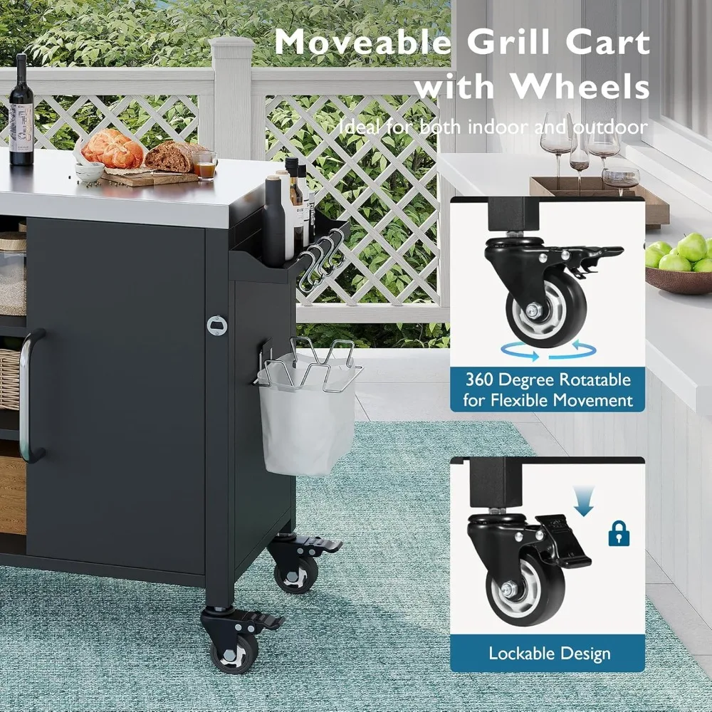 Кухонный остров "55,5" на открытом воздухе с раковиной — столешница и колеса из нержавеющей стали, мобильная тележка для гриля и бара"