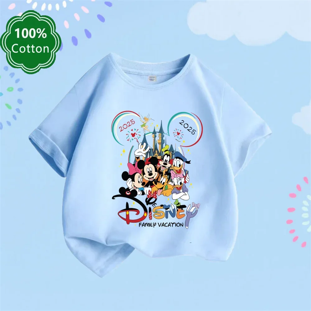 Disney 2025 Disneyland Mickey Children's T-shirt Holiday Atmosphere Printed T-shirt Boys Girls Summer Cotton Color Matching Top