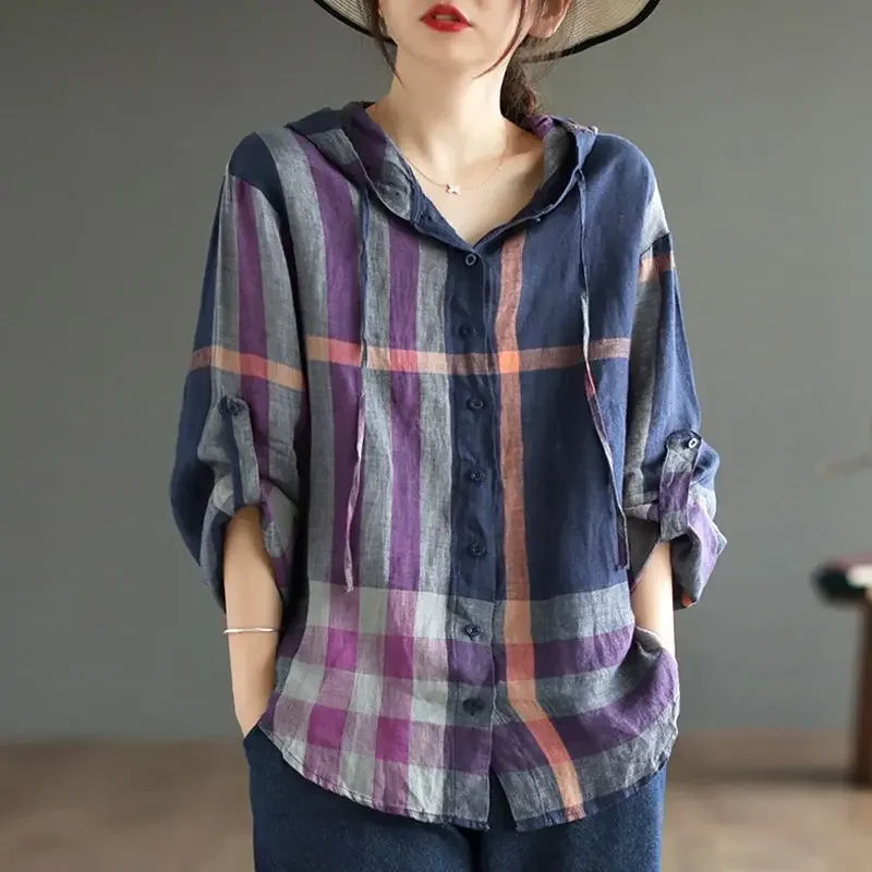 

2024 New Spring and Autumn Fashion Simple Plaid Contrast Loose Relaxed Oversize Hooded Lace Up Long Sleeve Women's Shirt E617