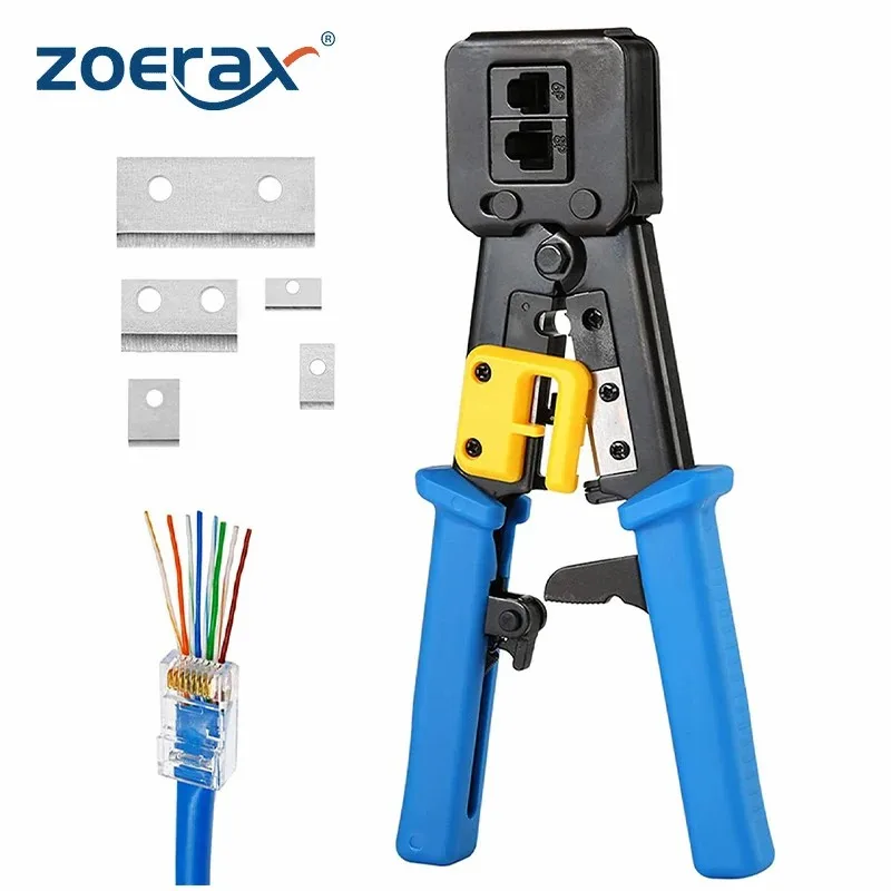 ZoeRax RJ45 Crimp Tool Pass Through Cat5 Cat5e Cat6 Crimping Tool for RJ45/RJ12 Regular and End-Pass-Through Connectors