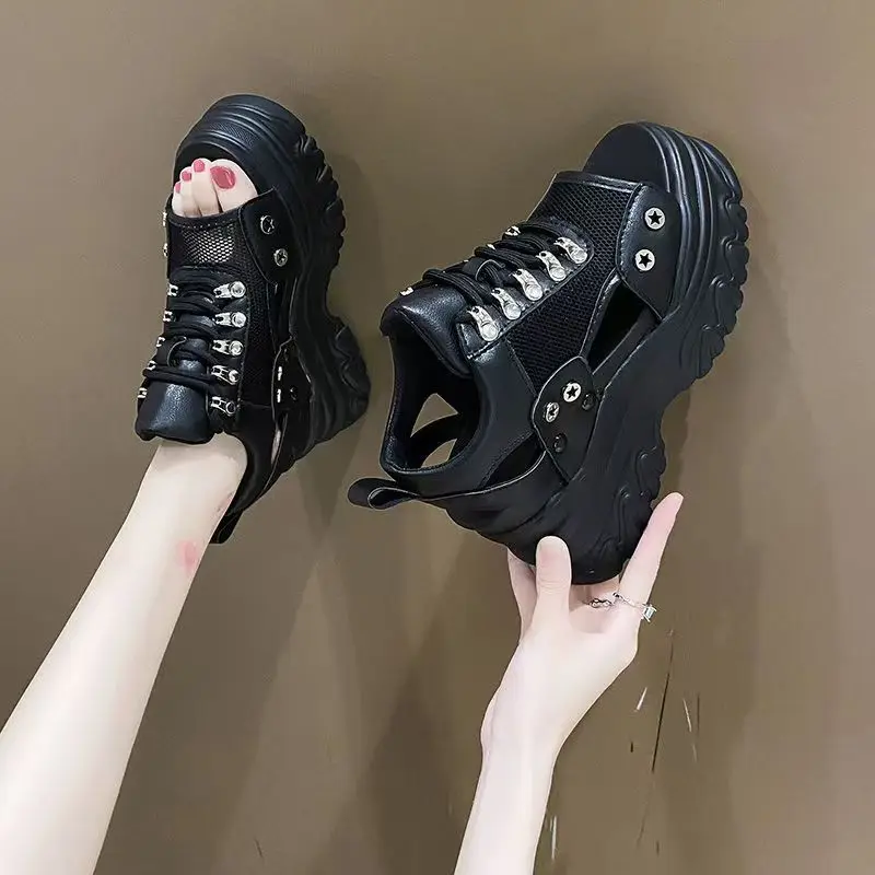 جديد 2025 صنادل رياضية سميكة سوليد إسفين الصيف المرأة الصنادل جولة تو فم السمكة الأحذية