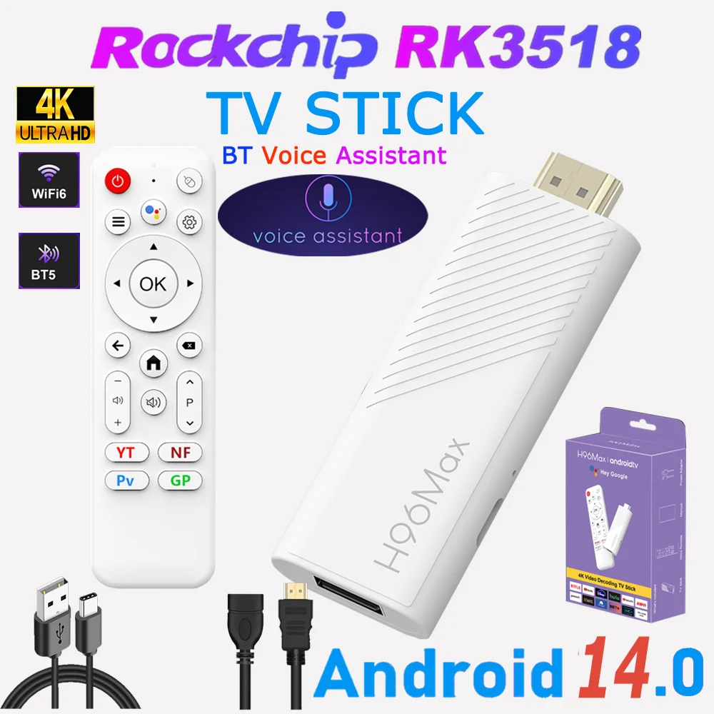 H96 Max RK3518 Android14.0 TV Stick Quad Core 4K HDR Wifi6 BT5.4 BT Voice Assistant Remote Game Media Player Smart TV Box