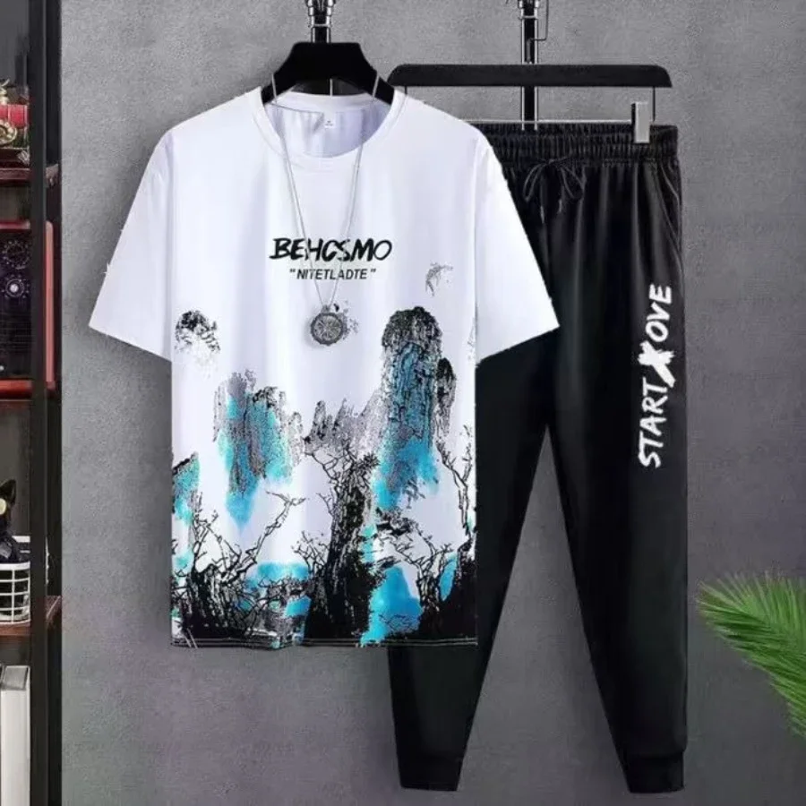 

Men's sets Spring sports two-piece casual printed Graphic T-shirts + Long Pants set man Quick drying football kit men tracksuits