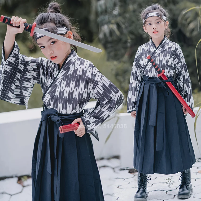 Trajes de estilo japonés tradicional Oriental para niños conjunto de Kimono Vintage Yukata y falda, rendimiento