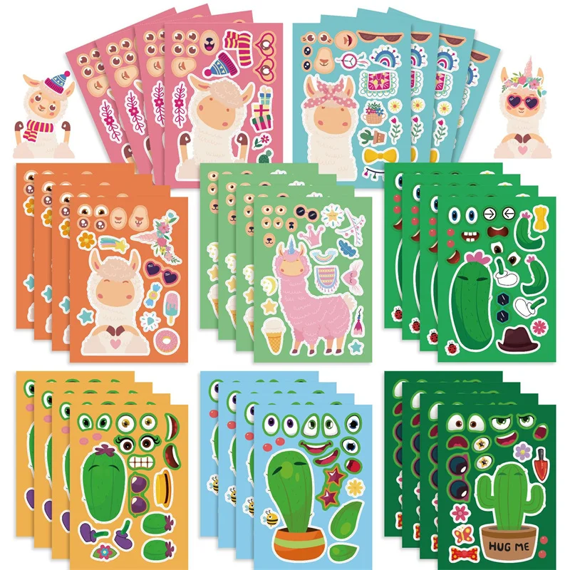 6-24sheets Kawaii Alpaca Cactus Kids Stickers Classic Diy Make A Face Puzzel Puzzel Puzzel Kinderen Party Gunst Games Speelgoed Cadeau