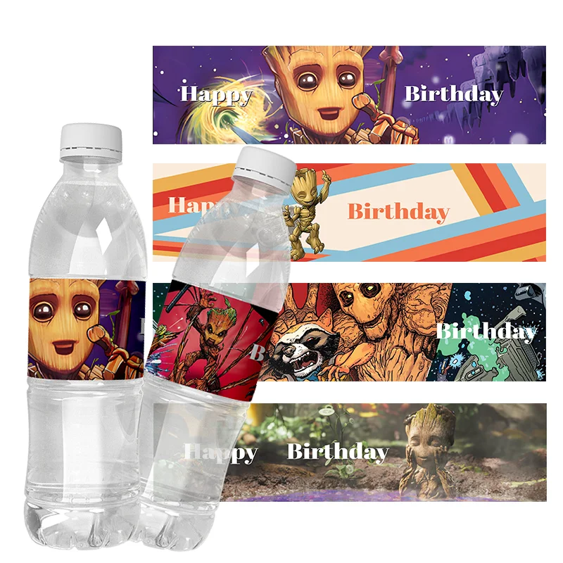 6pcs Disney Groot Water Bottle Labels Happy Birthday self-adhesive Stickers Kids Birthday Anniversary Party Decorations supplies