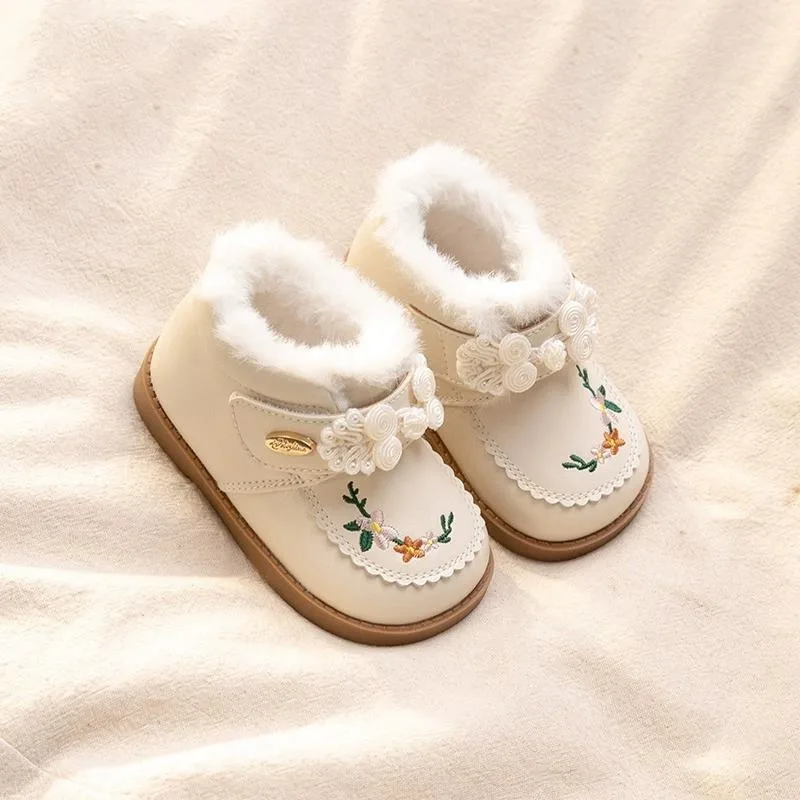 

Toddler Girl Winter Boots Warm Fleece Lined Leather Snow Boots with Embroidery Anti Slip Short Booties for Indoor Outdoor​