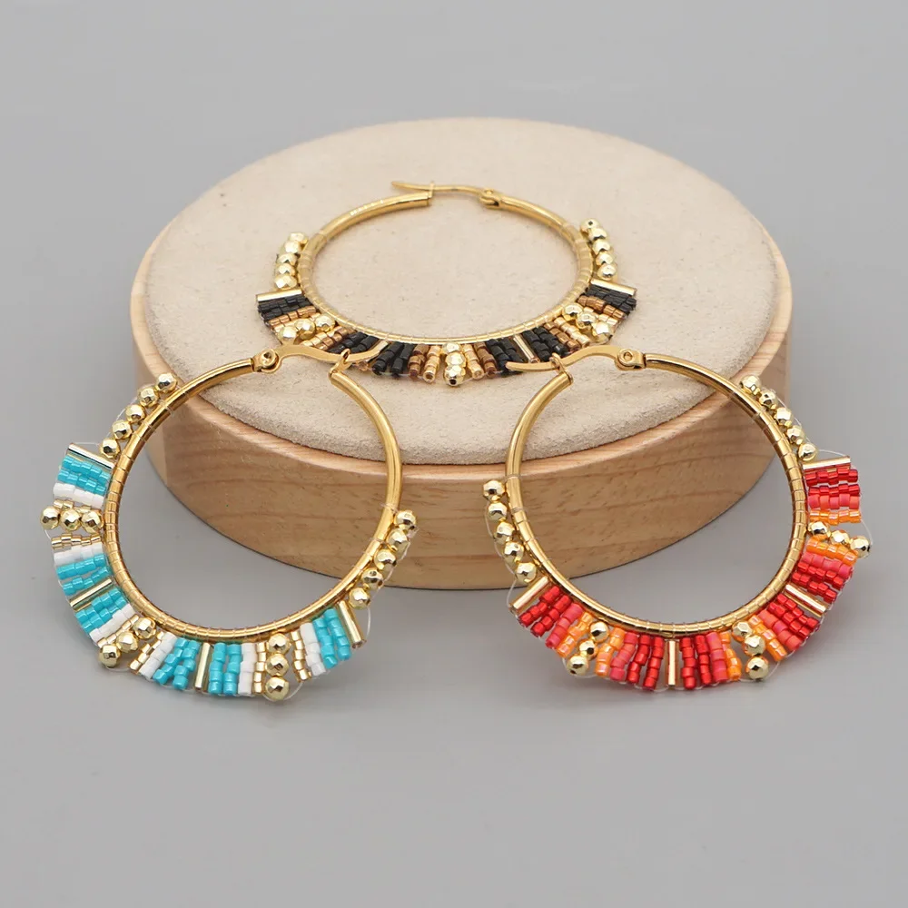 Big Circle Earrings  Hand beading  Bohemia  weave  tassels  Exaggerate  Twining  Simple  geometry  ma'am  Rice Bead Earrings