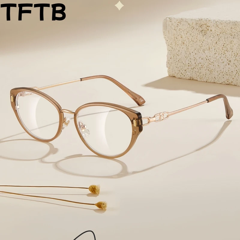 

TFTB New Fashion Women's Cat Eye Glasses Ultra-Light Trend TR90 Alloy Retouch Face Optical Prescription Eyelasses Frame S12008
