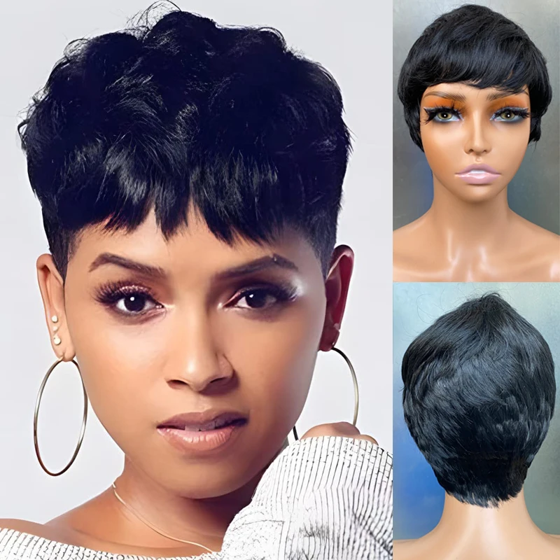 Short Pixie Synthetic Wigs for Women Short Hair with Bangs Pixie Cut Bob Layered Straight Heat Resistant Full Wigs for Women