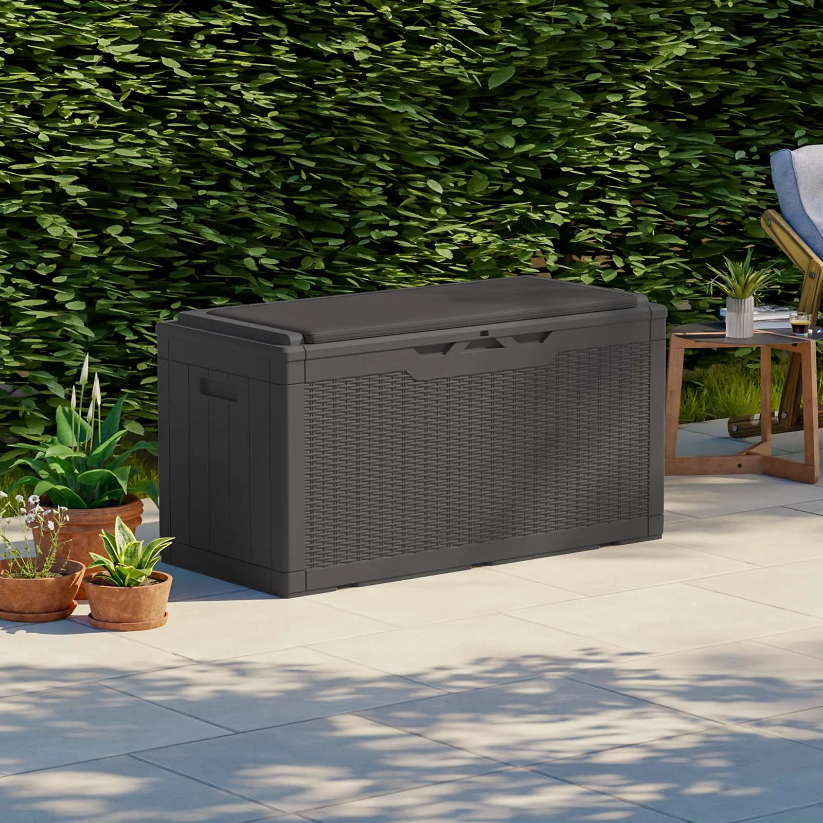 100 Gallon Resin Deck Box with cushion, Large Outdoor Storage Box with Padlock for Patio Furniture