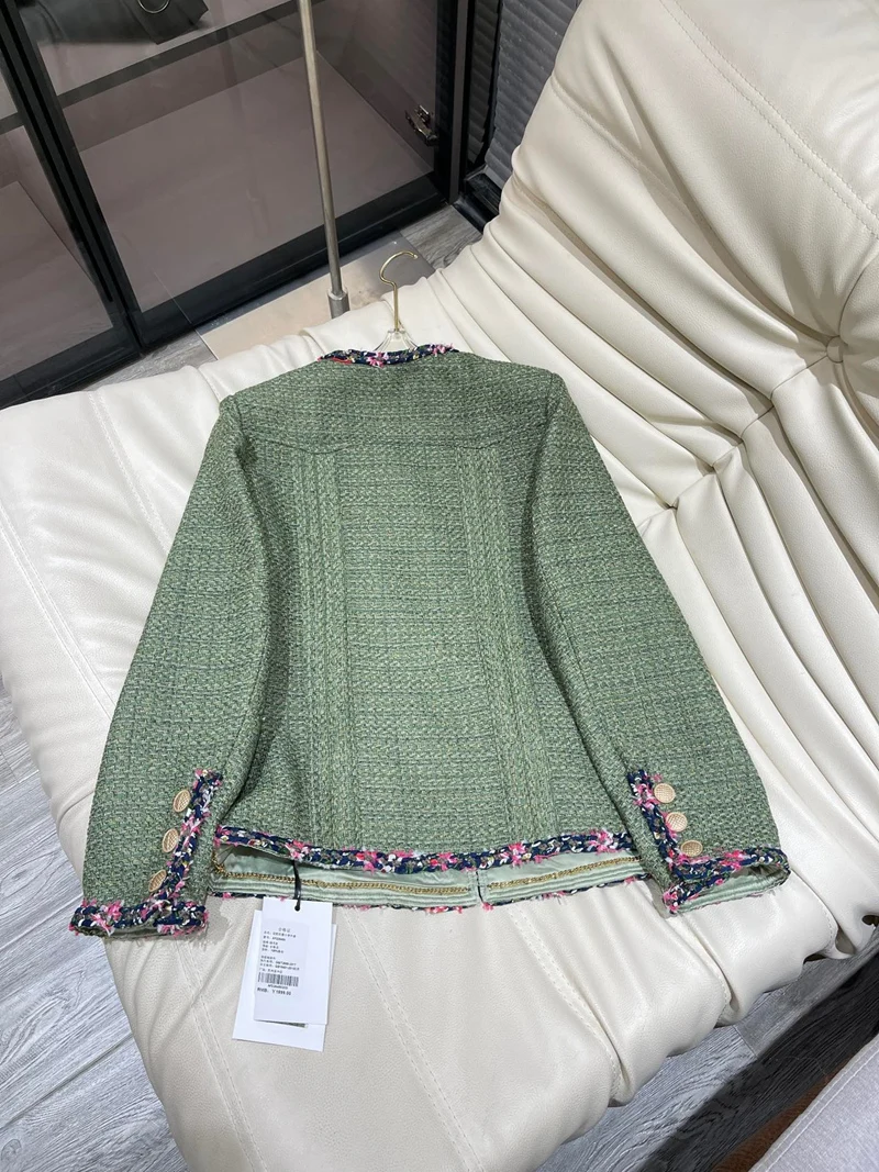 Lingzhi Wu French Ladies Green Elegant Top Quality Outerwear Female 2024 Spring Autumn Tweed Outwear O-Neck Patchwork NewArrival