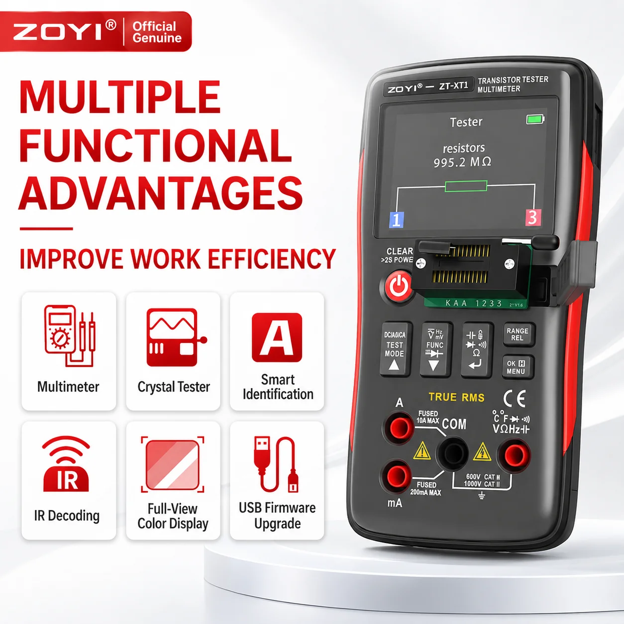 ZOYI ZT-XT1 2-in-1 High Precision Smart Digital Multimeter Transistor Tester Voltage Resistance Diode Triode Continuity Test