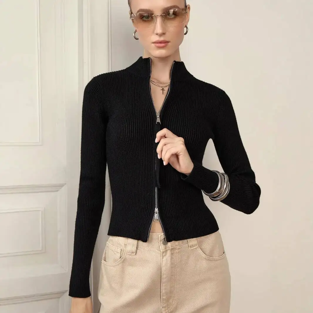 

Fit Zipper Slim Top Stand Collar High Waist Trendy Long Sleeve Knitted Sweater 2025 Spring New Women's Ribbed Base Shirt
