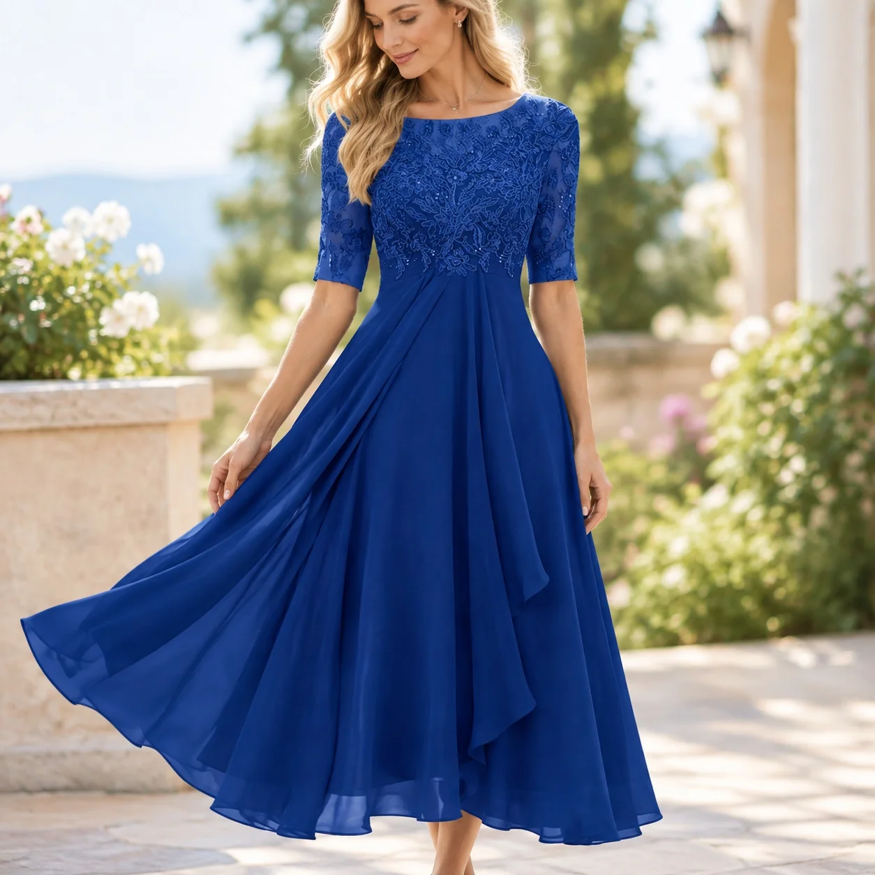 Pullover Half Sleeve Gown a Line Elegant with Light Mature One Dress Pleated Dress Middle Waist Regular Sleeve Spring for Women