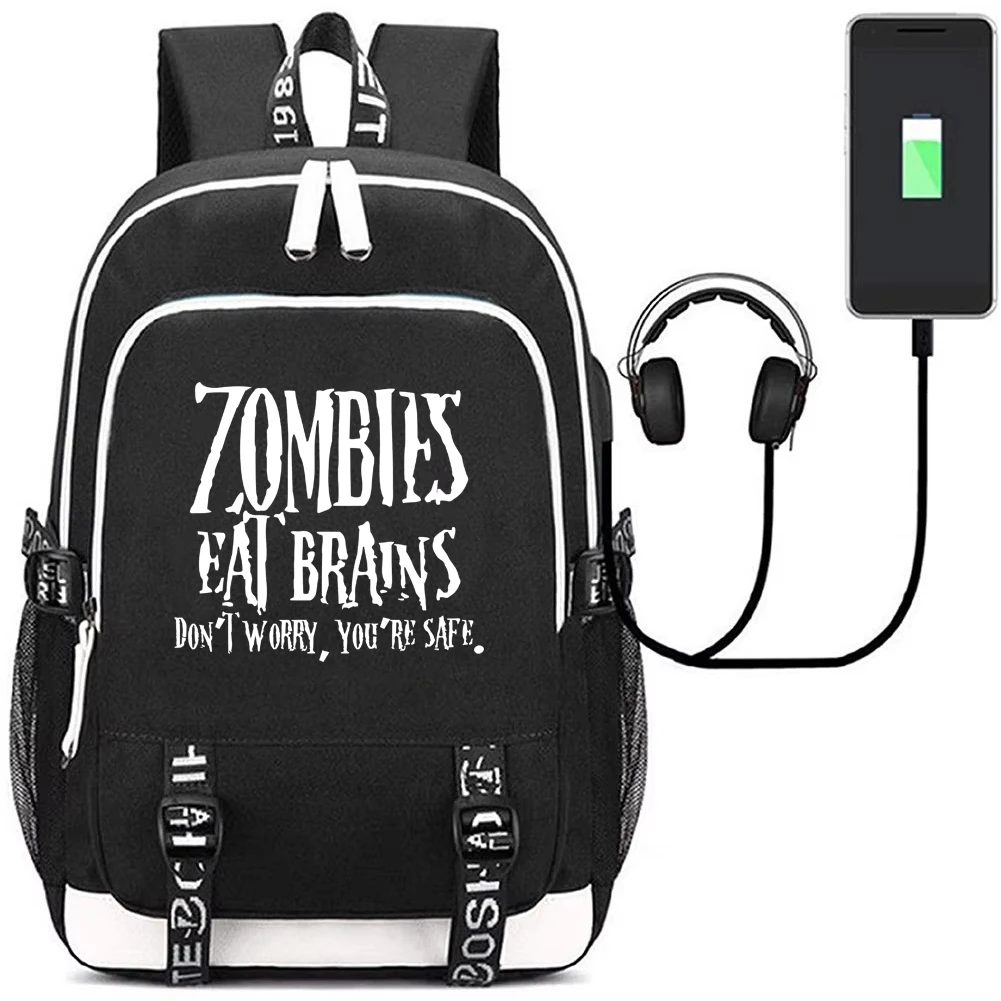 Zombies Eat Brains Don't Worry You're Safe Backpack with USB Charging Port Laptop Bag for Boys Girls Funny Meme Mochila