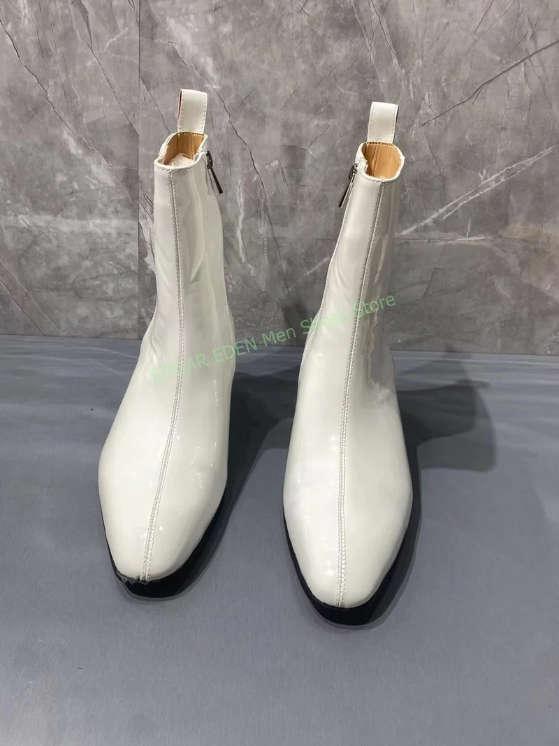 Classic Men White Leather Slip On Ankle Boots Pointed Toe Male Square High Heel Party Wedding Casual High Top Boots Shoes