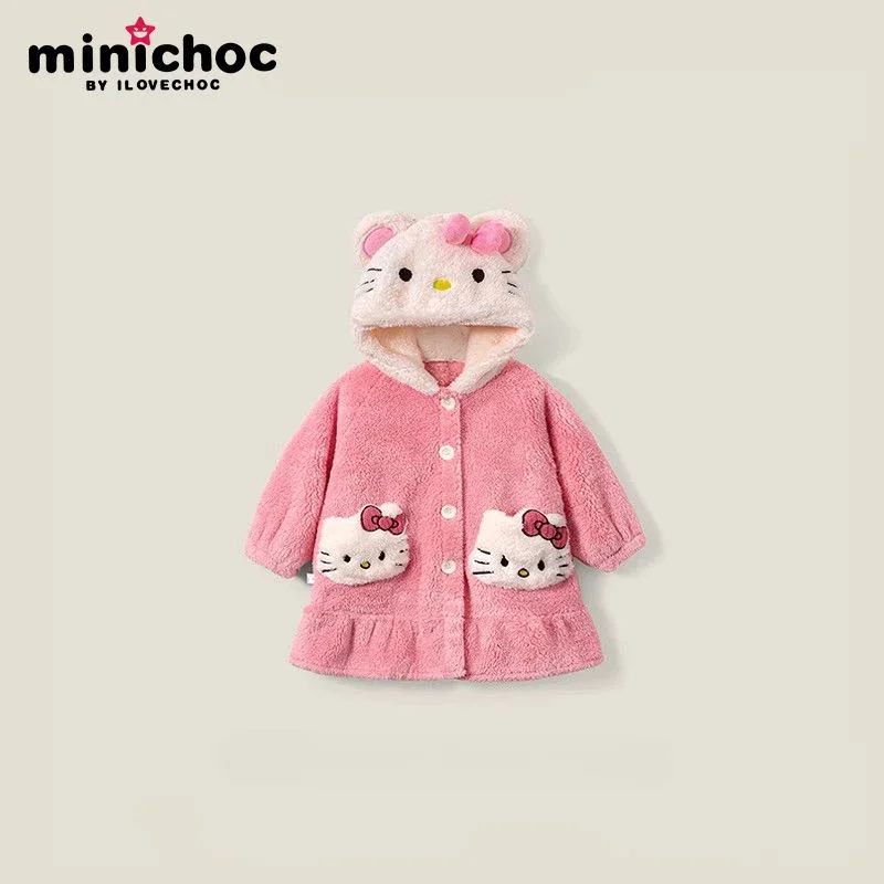 Girl Hello Kitty Cute Coral Fleece Nightgown Autumn Winter Plus Velvet Thicken Keep Warm Child Lounge Clothes Pajamas Bathrobe