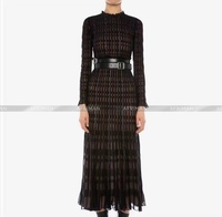 Women Ruffles Collar Long Sleeve Geometric Patter Waist A-line Midi Knitted Dress