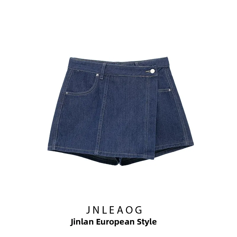 

Faionable Summer New Women's Denim Double-breasted Versatile Casual Sle High-waist Loose Fit High Waist Polyester Blue