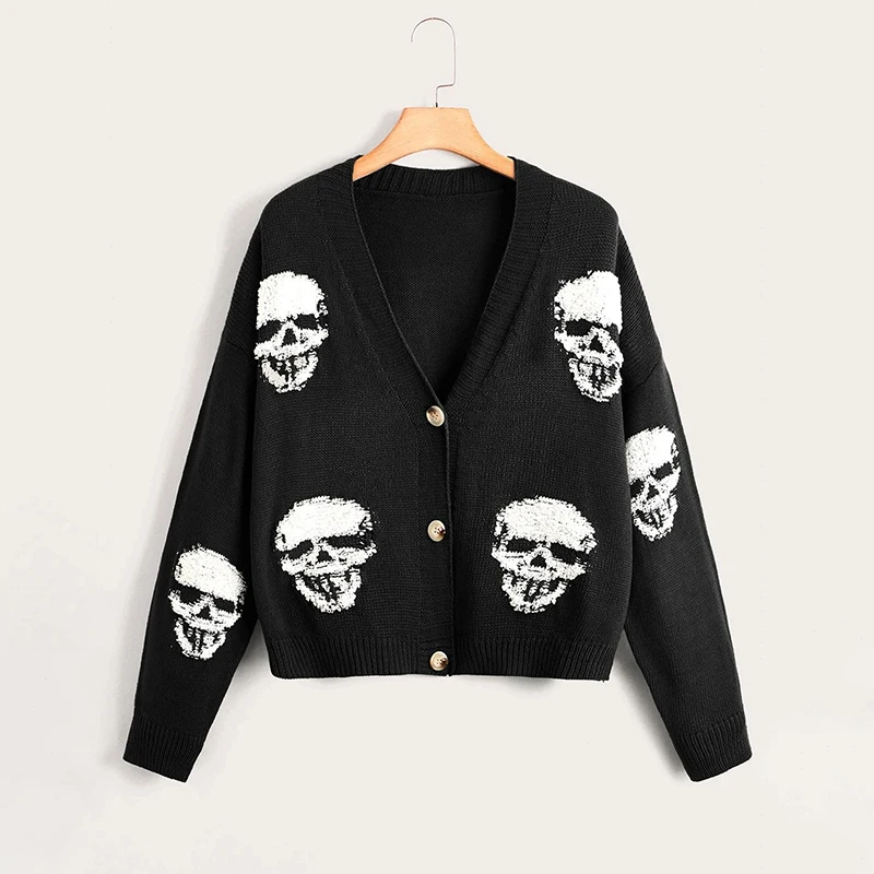 

Skull V-Neck Cardigan Long Sleeve Autumn Winter Warm Shirt for Men Casual Halloween Print Knitwear